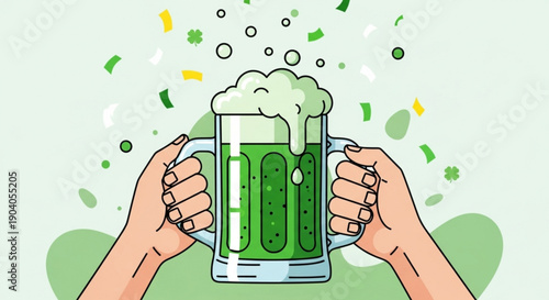 Person holding green beer mug with confetti celebrating st patrick's day festive cheer