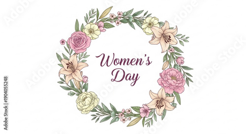 Women's day floral wreath with pink roses and green leaves on white background
