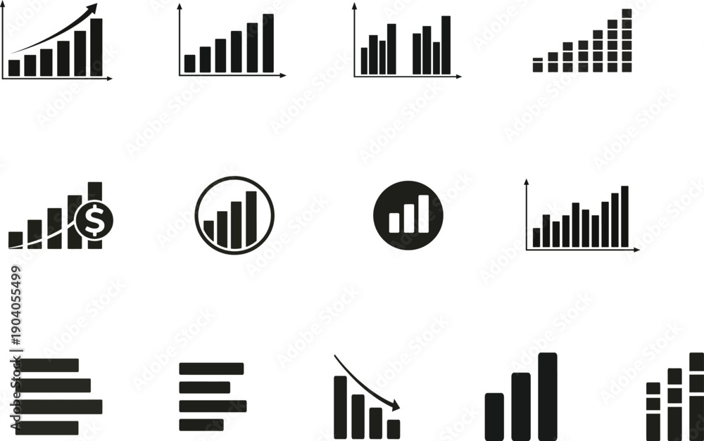 Obraz premium Business Analytics Chart Icon Set, Growth Graph Statistics Bar Chart Vector Icons