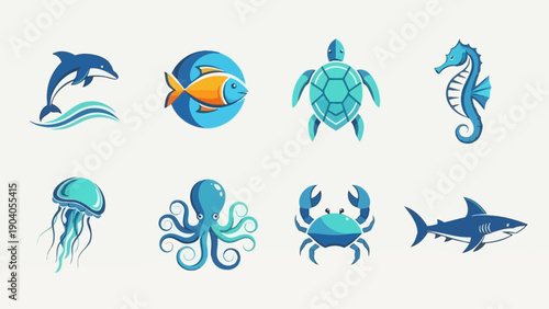 Photography A vibrant collection of stylized marine life animal icons.