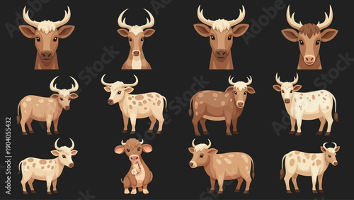 A collection of cute cartoon cattle illustrations on a dark background.