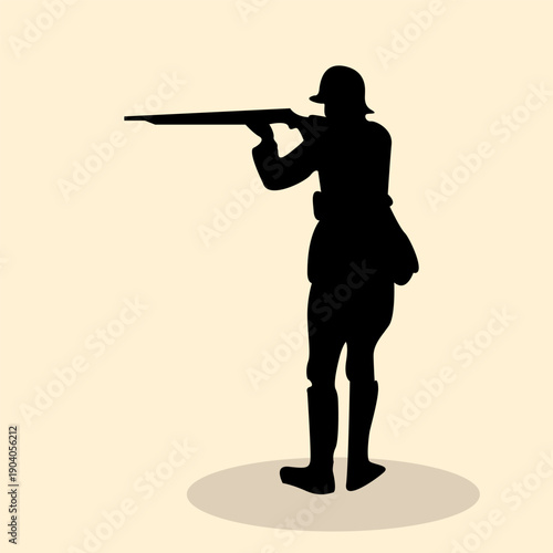 Silhouette of soldier gesturing standing while holding sniper rifles and aiming a enemy. Icon of army military with full equipment long-barreled weapons, bulletproof vests and helmets. Vector illustra