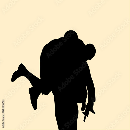 Silhouette of soldiers carry someone to safety using firefighter carry technique. Icon of a soldier carrying a comrade on his shoulders who was injured in the war. Vector illustration.