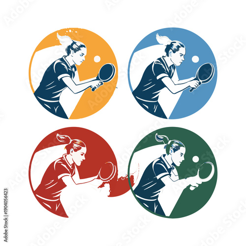 Four circular icons of female table tennis players in action ping pong
