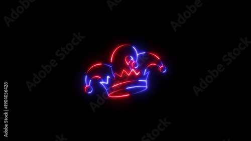 Glowing neon Glowing Neon Jester joker Hat Icon Animation,Neon Clown Hat with Bells, Glowing neon line Joker playing card icon isolated on black background. Jester hat with bells joker Hat Icon