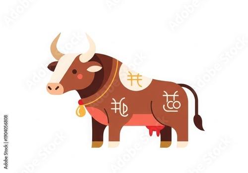 Flat illustration of ox, representing strength, diligence, and reliability in the Chinese zodiac.