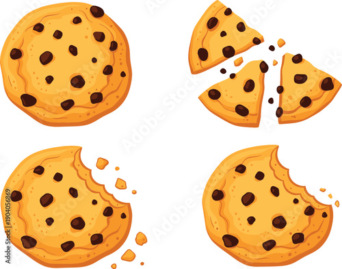 Set of chocolate chip cookies vector illustration with whole cookie, broken pieces, bitten cookies and crumbs isolated on white background for bakery design.