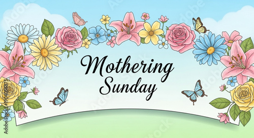Mothering sunday celebration with flowers and butterflies