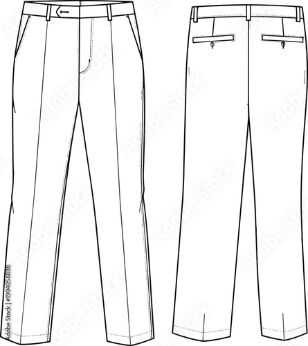 Men tailored trousers technical flat sketch front and back view, formal pants vector illustration for fashion design, apparel manufacturing, garment construction reference
