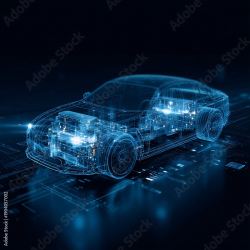 Futuristic automotive semiconductor visual featuring a blue digital wireframe car with glowing internal sensor nodes and data processing pathways on a dark background.