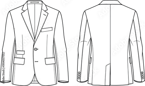 Men’s tailored blazer technical fashion drawing with front and back views, formal suit jacket line art illustration for apparel design isolated on white background