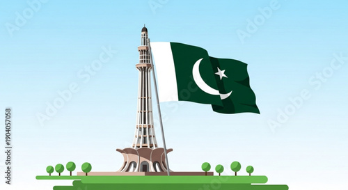 Pakistan flag waving beside minar e pakistan monument in green landscape