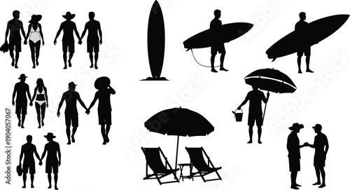 Beach silhouettes, summer vacation, surfing lifestyle, relaxing under umbrella, walking couples, leisure chairs, seaside activities, outdoor holiday fun