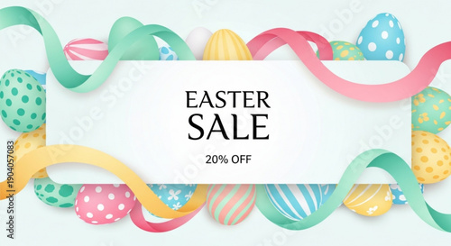 Easter sale banner with colorful eggs and ribbons offering 20 off discount