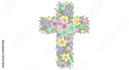 Colorful floral cross with pastel flowers and green leaves on white background