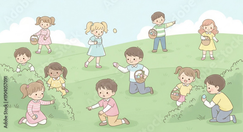 Children playing outdoors on a green hill searching for easter eggs in baskets