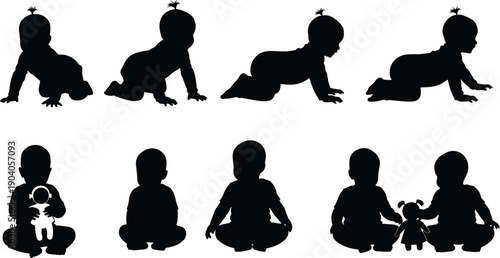 Black baby silhouettes crawling and sitting, infant poses collection, toddler activities, childhood development, parenting, nursery design illustration