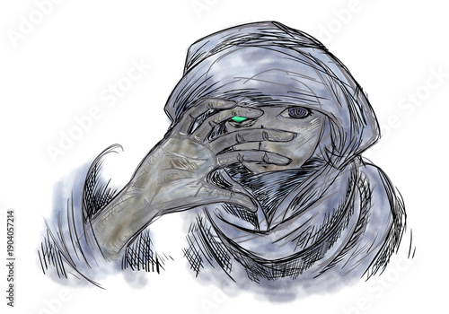 wizard's pose of covering his face with his palm