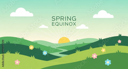 Vibrant spring equinox landscape with rolling hills colorful flowers and sunny sky