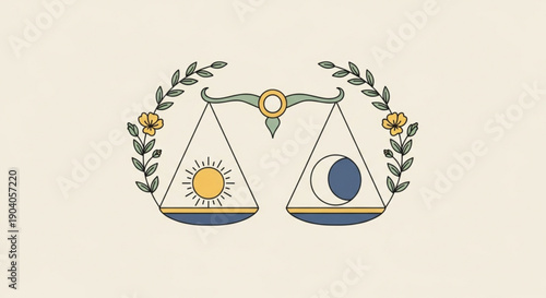 Balanced scales of sun and moon with floral wreath decoration