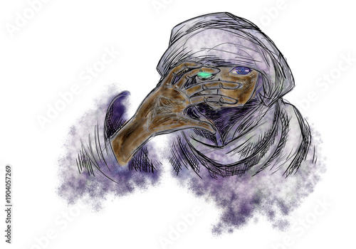 wizard's pose of covering his face with his palm