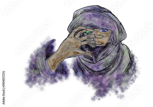 wizard's pose of covering his face with his palm
