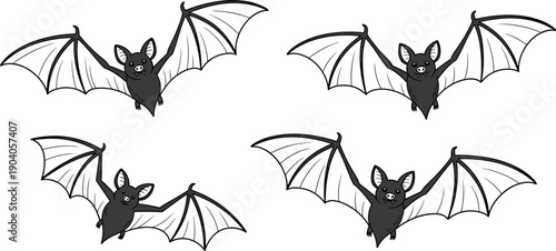 Cartoon bats illustration, Halloween design, spooky flying bats artwork, nocturnal animals, symmetrical composition, blue accents, graphic vector style