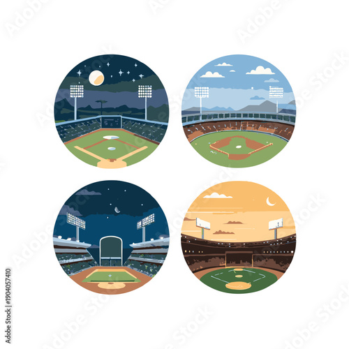 Four circular baseball stadium scenes day night different weather field