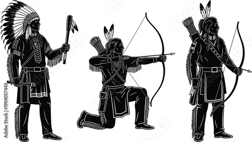 Native American warrior silhouettes with traditional headdress, bow and arrow, tribal clothing, indigenous culture, historical hunter figures, archery stance, and ancestral heritage illustration