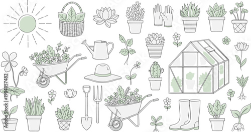 Colorful gardening tools, plants, flowers, greenhouse, wheelbarrow, watering can, gloves, boots, sun hat, bright outdoor illustration