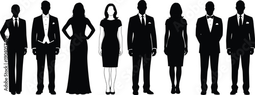 Elegant silhouettes of men and women in formal attire, professional group fashion illustration, stylish evening wear, business gathering