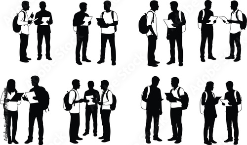 Silhouette students discussing ideas, teamwork collaboration, academic learning, group study, education concept, communication, diversity, modern classroom environment