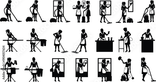"Silhouette women cleaning housework tasks, vacuuming, mopping, ironing, washing dishes, spraying solutions, domestic chores illustration set"