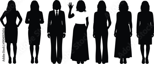 Silhouette women fashion diversity, business attire, casual dresses, formal outfits, female clothing styles, waving gesture, group illustration