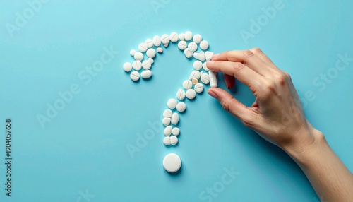 Question Mark Formed by White Pills on Light Blue Background with Hand Placing a Pill for Healthcare Concept