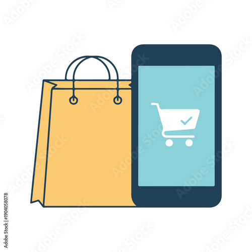 Minimalist Line Art Illustration of Online Shopping with Smartphone and Shopping Bag