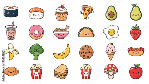 A collection of cute and kawaii food icons with happy faces