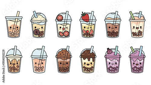 Collection of cute bubble tea drinks with smiling faces, a colorful and sweet illustration.