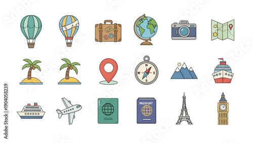 Vibrant collection of travel and vacation icons for global adventures.