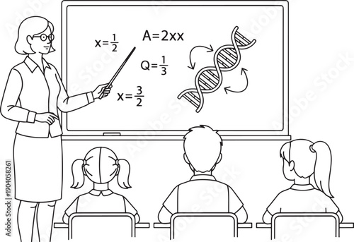 Black and white line art illustration vector of a female teacher teaching students in a classroom