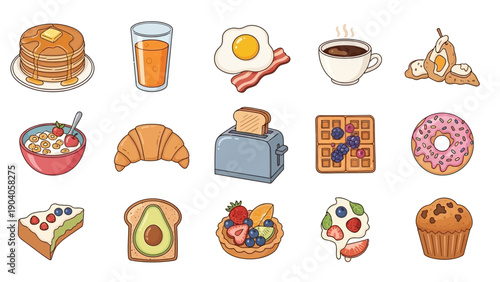 A delightful collection of cartoon breakfast and dessert items.