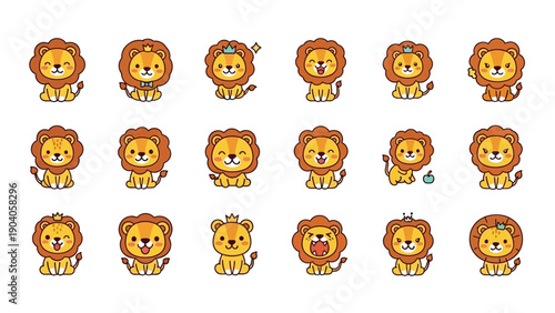 A collection of cute cartoon lion characters displaying various happy expressions and accessories.