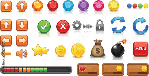 Glossy mobile game UI kit featuring colorful gemstones, gold coins, money bag, bomb, stars, progress bars, and navigation buttons in vibrant cartoon style.