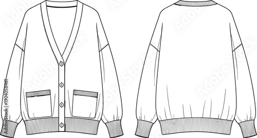 Black and White Technical Vector Illustration of Women Oversized V Neck Knit Cardigan Sweater Front and Back View for Fashion Design Manufacturing and Clothing Tech Pack