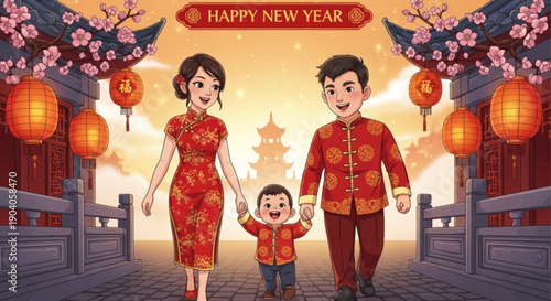 Chinese New Year Family Walking Celebration Illustration for Greeting Card, Poster, Social Media, and Festive Marketing Design