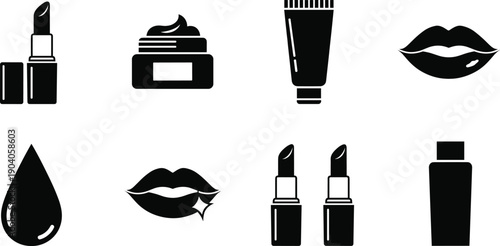 Cosmetic beauty icons set with lipstick, lip gloss, cream jar, lotion bottle, lips and moisture drop, minimalist makeup vector illustration for branding design