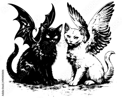 Angel and Devil Cat Illustration Black White Fantasy Gothic Animal Art Symbol of Good and Evil for Tattoos Posters T Shirts Wall Decor