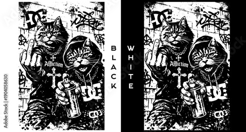 Street Cat Graffiti Illustration Black White Urban Rebel Animal Art Spray Can Punk Style Design for Posters T Shirts Stickers Wall Decor