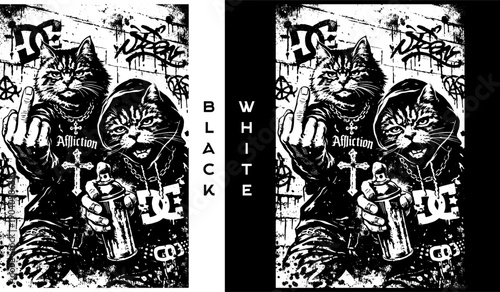 Street Cat Graffiti Illustration Black White Urban Rebel Animal Art Spray Can Punk Style Design for Posters T Shirts Stickers Wall Decor