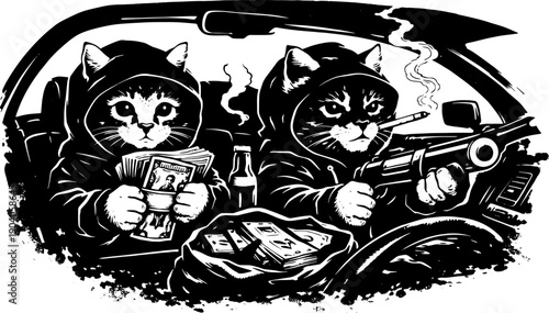 Armed Street Cats Illustration Black White Urban Rebel Animal Art Gun Cats Gang Style Design for Posters T Shirts Stickers Wall Decor